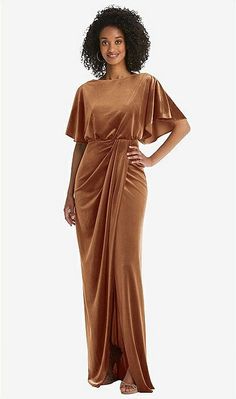 Flutter Sleeve Open-back Velvet Maxi Bridesmaid Dress With Draped Wrap Skirt In Golden Almond | The Dessy Group Classic Glamour, Velvet Maxi Dress, Velvet Maxi, Plus Size Formal Dresses, Maxi Bridesmaid Dresses, Infinity Dress, Designer Drapes, Dress Order, Dress Measurements