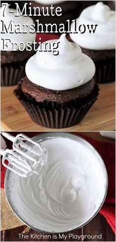 two pictures of cupcakes with white frosting on them and the title reads, 7 minute marshmallow frosting