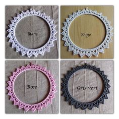 four different types of crochet doily with the words bejee and rose