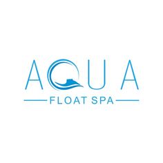 the aqua floats spa logo is shown in blue on a white background with an ocean wave