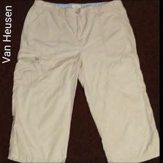 Van Heusen Fitted Cargo Style Capri Pants In Very Cool And Breathable 100% Cotton! New Without Tags! The Van Heusen Craftsmanship & Luxury Shines Thru Within The Button Closure Baby Blue, Off-White & Black Stripes Along The Inner Waistband. Off-White With Light Blue Stripes On The Waist Band Gives These A Sexy, Beach Feel. Great For The Beach/ Summer. Easily Transition From Day Wear To Night Wear. Nice Enough To Dress Up Or Down; Very Versatile! Single Cargo Pocket On Right Leg With Button Closu Country Girlfriend, Cargo Style, Night Wear, Cargo Pocket, Beyond Yoga, Van Heusen, Stella Mccartney Adidas, Beach Summer, Womens Vans