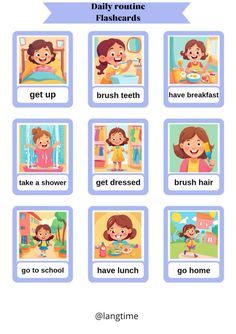 the daily routine flashcards for kids to learn how to brush teeth and get dressed