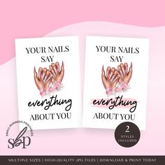 two greeting cards with the words your nails say everything about you and an image of hands holding