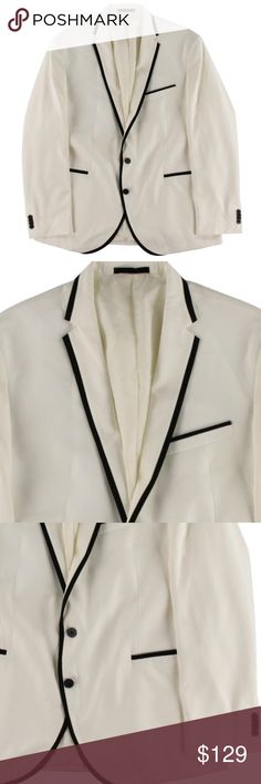 Kenneth Cole New York-Ivory Lined Tuxedo Blazer46R Kenneth Cole New York Mens Black-Ivory Lined Tuxedo Blazer Jacket 46R   Manufacturer: Kenneth Cole New York Size: 46R Size Origin: US  Manufacturer Color: Black-Ivory Retail: $295.00 Condition: New without tags Style Type: Tuxedo Blazer Collection: Kenneth Cole New York Closure: Button Closure Vents: Double Vent Jacket Length: Regular Total Length: 29 Inches Sleeve Length: 26 Inches Material: 70% Polyester/30% Rayon Fabric Type: Polyester Specialty: Contrast Trim Sku: BH264549 Kenneth Cole New York Suits & Blazers Sport Coats & Blazers White Business Blazer For Summer, White Cotton Blazer With Suit Collar, White Summer Business Blazer, White Cotton Blazer, White Cotton Semi-formal Blazer, White Cotton Blazer For Semi-formal Occasions, Tuxedo Blazer, New York Mens, Sport Coats