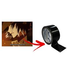 a roll of black tape with an arrow pointing to the right and another image in front of it