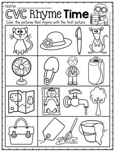 the cvc rhyme time worksheet is shown with pictures and words