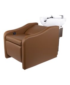 a brown reclining chair with a sink in the back and arm rest on it