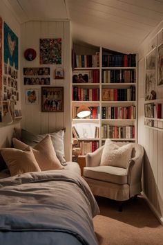 a bed room with a neatly made bed next to a book shelf filled with books