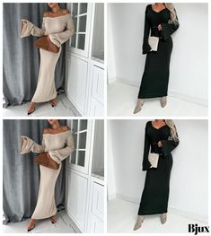 Bjux - Elegant Long Sleeve Thickened Dress Casual Maxi Dress For Winter Party, Casual Winter Maxi Dress For Party, Solid Stretch Maxi Dress For Winter, Stretch Solid Maxi Dress For Winter, Waist Circumference, Types Of Skirts, Flared Sleeves, A Line Skirt, Types Of Collars