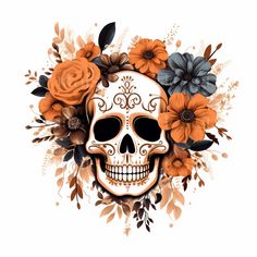 a skull with flowers on it's head and an orange flower in the middle