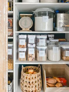 an organized pantry filled with lots of food and storage items, including breads, cereals, nuts, and other things