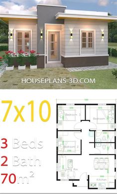 two story house plan with 3 bedroom and 2 bathroom in the front, one living room on