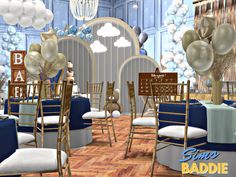 a room filled with lots of white and blue balloons