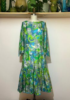 "Vintage 60s Italian Eleonora Garnett floral Paisley silk dress. Great colors/shape. Nice vintage condition with wear thats consistent with age. Please see photos for reference.  14\" shoulder  18.5\" pit to pit  16\" waist  23\" sweep @ seam 65\" sweep 11\" sleeve opening flat  18\" sleeve  42\" length" Vintage Silk Dress With Floral Print, 1970s Green Floral Print Dress, 1970s Style Green Floral Print Dress, Vintage Multicolor Paisley Print Dresses, Retro Summer Dresses With Paisley Print, Vintage Paisley Print Spring Dresses, Vintage Paisley Print Dresses For Spring, Uniform Dress, Color Shapes