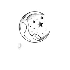 a black and white drawing of a cat sleeping on the moon with stars around it