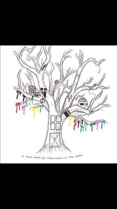 a drawing of a tree with ladders hanging from it's branches and houses painted on