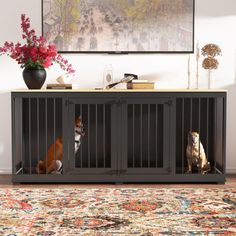 two dogs are sitting in their kennels on the floor next to a rug