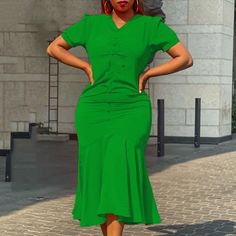 Step into elegance with our African Mermaid Dress for women, a sophisticated blend of cultural flair and modern style. The V-neck and short sleeves add a touch of grace to the sheath silhouette, creating a harmonious design that embraces your curves with a package hips detail. Ideal for women in business seeking both professionalism and fashion-forward appeal, this mid-calf dress offers a unique and versatile look suitable for various work settings.Crafted with precision and attention to detail, Straight Clothes, Mid Calf Dresses, Midi Dress Party, Elegant Party, Maxi Dresses Casual, Mid Dresses, Mermaid Dress, Mermaid Dresses, Hem Dress