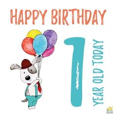 a birthday card with a dog holding balloons and the number one in front of it