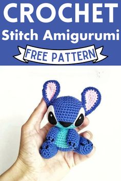 a hand holding a small blue crochet stitch amigururine with the text, free pattern