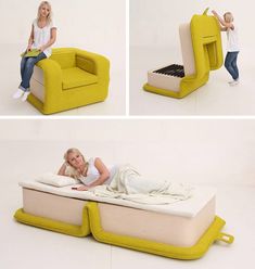 a woman sitting on top of a yellow chair next to a bed with a mattress