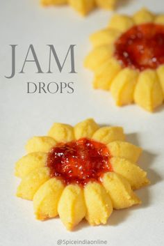 jam drops in the shape of sunflowers on a white surface with text overlay