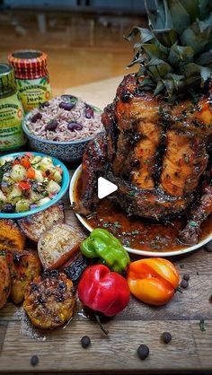 a table topped with different types of food and condiments on top of it