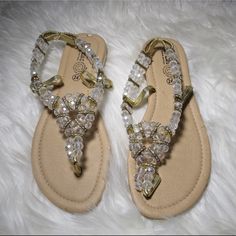 Brand New, Never Been Worn. Made In Mexico. They Are A Us Women’s Size 7, But Due To The Beads They Might Fit A Little Snug. Adjustable Embellished Silver Sandals, Elegant Bling Sandals For The Beach, Elegant Beaded Sandals For Beach, Elegant Beaded Beach Sandals, Silver Embellished Vacation Sandals, Embellished Silver Sandals For Vacation, Silver Embellished Sandals For Vacation, Adjustable Rhinestone Sandals For Festivals, Adjustable Rhinestone Festival Sandals