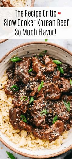 the recipe for slow cooker korean beef is shown in a bowl with rice and chopsticks