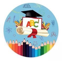 an image of a graduation sticker with pencils and crayons in the background