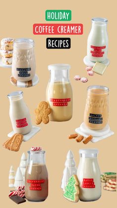 A collage showing 7 holiday flavors of homemade coffee creamers, each in small glass bottles, labeled with the name of the flavor. Flavored Coffee Creamer Recipes, Coffee Creamer Recipes, Flavored Creamer, Peppermint Mocha Creamer, Mocha Creamer, Peppermint White Chocolate