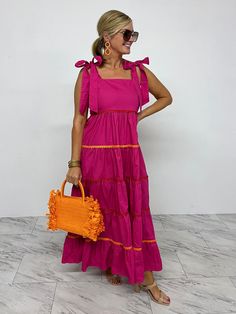 Pierce Pink Tiered Maxi Dress Pink Maxi Dress Outfit, Hot Pink Maxi Dress, Large Statement Earrings, Maxi Dress Outfit, Simply Chic, Red And Orange, Tiered Maxi Dress, Scalloped Lace, Tiered Skirt