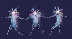 three people are dancing with colored powders on their bodies and arms, all in the same direction