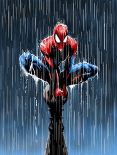 the amazing spider - man is standing in the rain