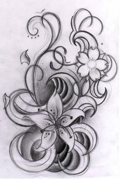 a pencil drawing of flowers and swirls on the back of a cell phone screen