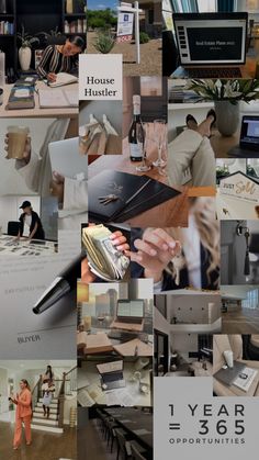 a collage of photos with people working on laptops and other things in the background