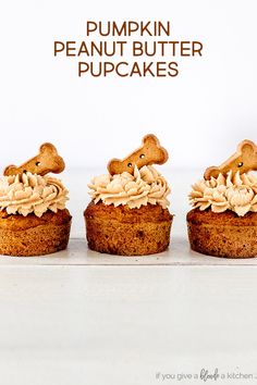 three pumpkin peanut butter cupcakes with frosting on top and the words, pumpkin peanut butter cupcakes