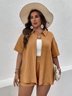 Amarillo Mostaza Casual Collar   Liso  Embellished No-Elástico Swim Outfits, Curvy Casual Outfits, Thick And Fit, Shirt And Shorts, Swimming Outfit, Summer 24, Vacation Outfits, Summer Holiday, Summer Outfit