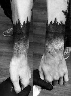 two images show the same arm and foot with trees on it, one is black and white