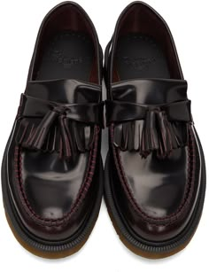 Polished leather loafers in burgundy. Whipstitching at round moc toe. Serrated trim and tassel at vamp. Tonal suede lining. Signature Air Cushion rubber sole in tan. Supplier color: Cherry red Adrian Loafers, Dr Martens Loafers, Burgundy Loafers, Men Fashion Shoes, Red Loafers, Dress Up Shoes, Womens Loafers, Loafers Outfit, Women Loafers