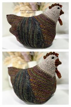 two pictures of a chicken made out of yarn