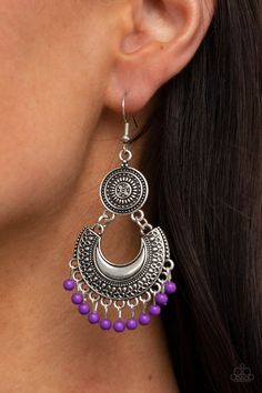 Dainty purple beads dangle from the bottom of a decorative silver crescent plate that links to the bottom of an ornately embossed silver disc, creating a colorful fringe. Earring attaches to a standard fishhook fitting.

 Sold as one pair of earrings. Cheap Purple Retro Earrings, Fringe Earring, Mobile Boutique, Purple Beads, Purple Earrings, Paparazzi Accessories, Paparazzi Jewelry, Beaded Dangles, Boutique Jewelry