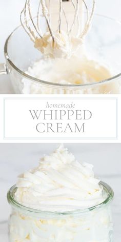 homemade whipped cream in a glass bowl with a whisk on top and the words homemade whipped cream above it