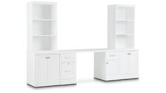 a white desk and bookcase with drawers on each side, against a white background