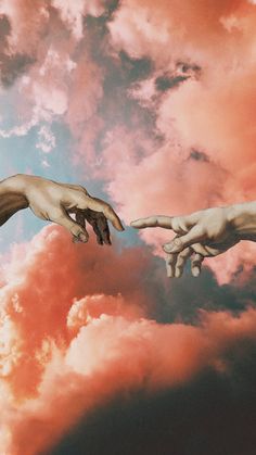 two hands reaching out towards each other in front of a cloudy sky with pink clouds