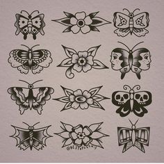 a bunch of tattoos that are on top of a piece of paper with flowers and butterflies