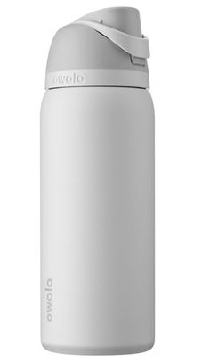 thermos bottle is white and has a strap around it's neck