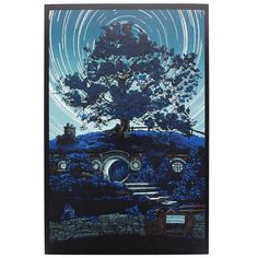 a painting of a tree and stairs in front of a blue sky with circles above it