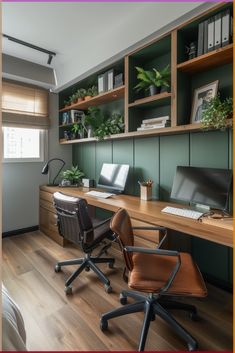 an office with green walls and wooden shelves