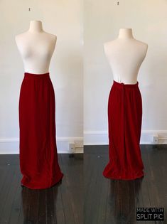 Vintage Dark Red Velvet Maxi Skirt 1970's 70's Red Velvet Gothic Full Length High Rise Skirt. In great condition! No tags on this item, but would best fit a 24 inch waist. Measurements are taken while garment is laid flat and are as follows: Waist: 12 inches Hip: 17 inches Length: 42 inches Vintage Fitted Maxi Skirt For Party, Fitted Vintage Maxi Skirt For Party, Vintage Red Skirt For Party, Formal Fitted Red Maxi Skirt, Vintage Red Party Skirt, Vintage Full-length Lined Skirt, Fitted Vintage Full-length Maxi Skirt, Vintage Red Bottoms For Party, Retro Red Long Skirt